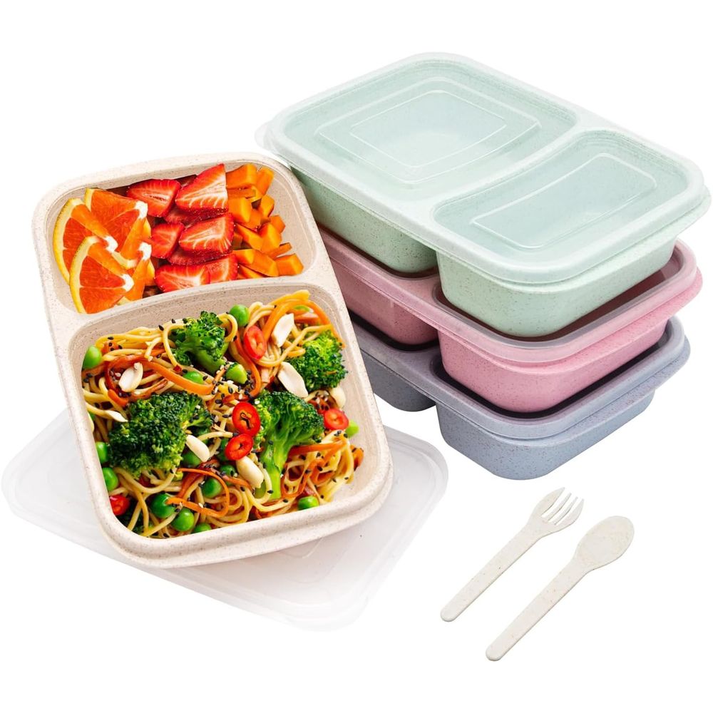 Meal Prep Containers - 4パック弁当箱、2つのコンパートメント付き食事準備容器、蓋付き、電子レンジ＆食洗機対応、再利用可能な仕切り付き食品保存容器