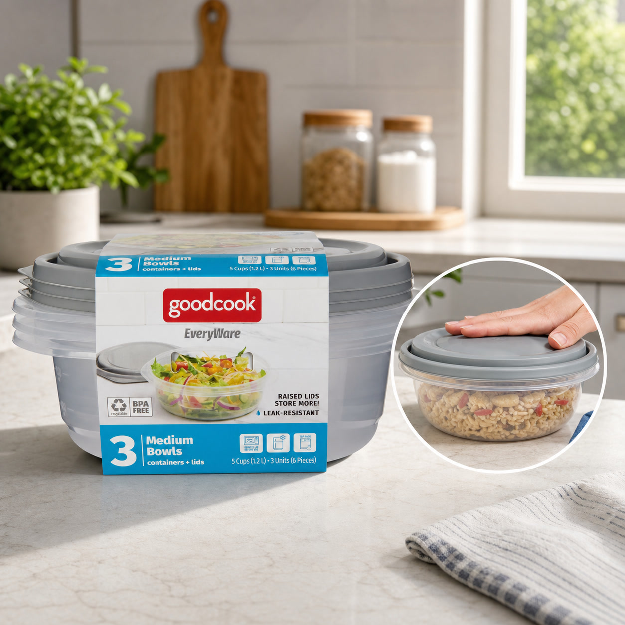 Meal Prep Containers - 6個入り丸型5カップ食品保存容器（蓋付き）、グレーのプラスチック製ボウル、食事の準備、パントリー、残り物用