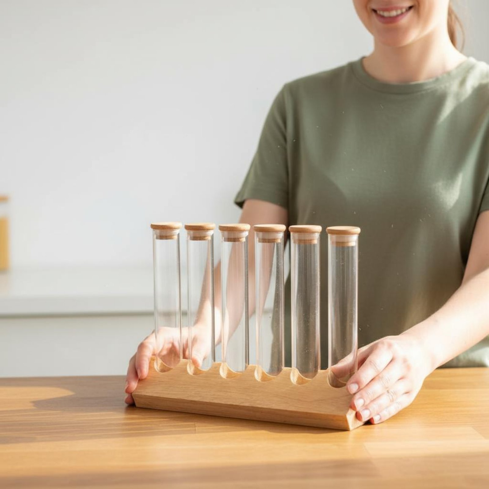 Glass Container Set - ガラス管容器セット 木製スタンド付き 省スペース ガラス管木製ラックセット コーヒー豆ディスプレイスタンド 密閉保存
