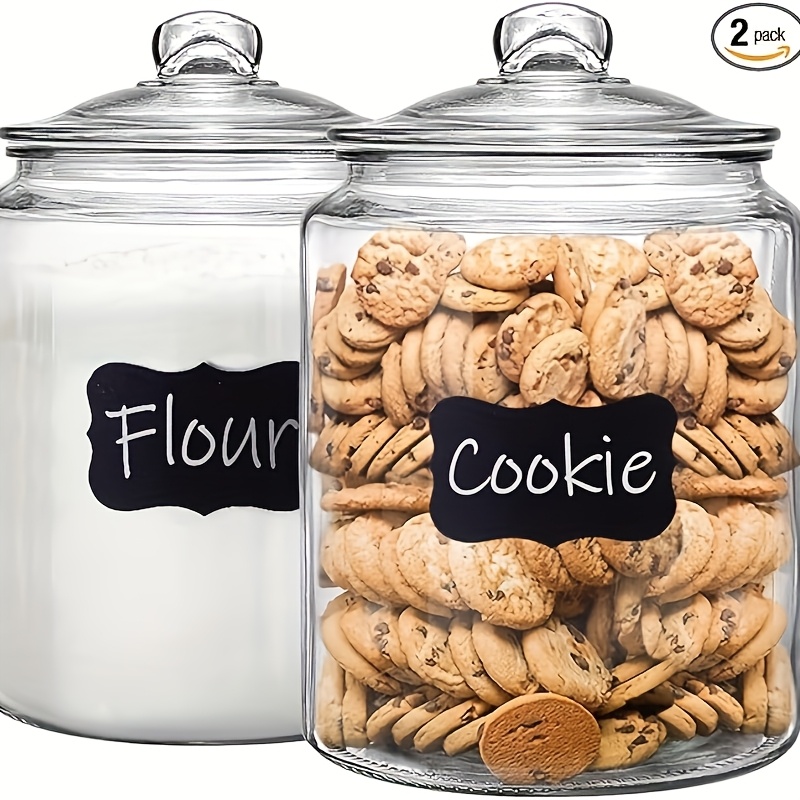 Glass Container Set - ガラス製パントリージャー2個セット（クラムシェル蓋付き） - パントリーやキッチンカウンターに最適 - 手洗い可能、再利用可能な丸型容器（ビスケット、キャンディー、パスタ用） -