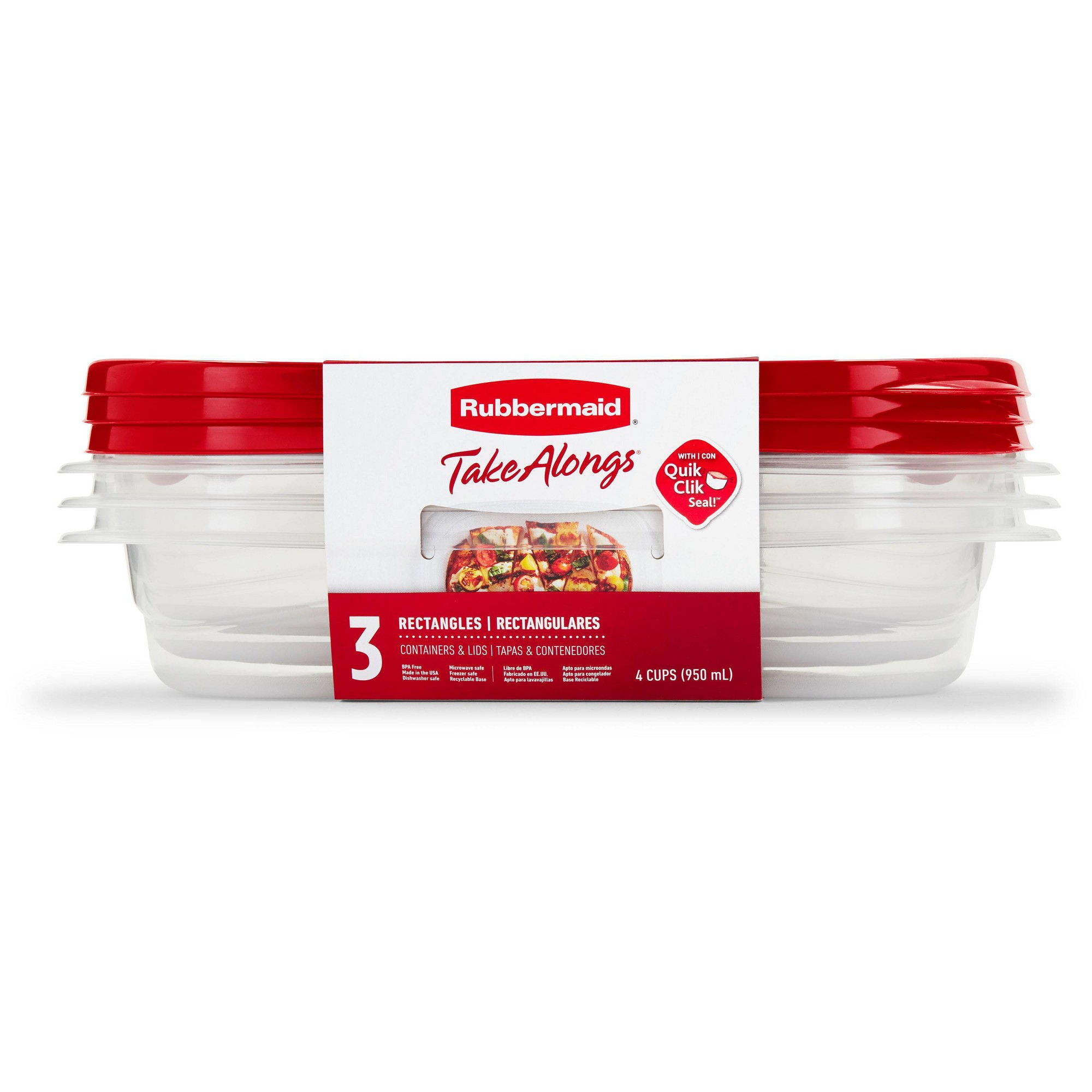 Meal Prep Containers - 赤い長方形の食品保存容器3個（蓋付き）、4カップ用の再利用可能な食事準備ボックス（キッチンやランチ用）