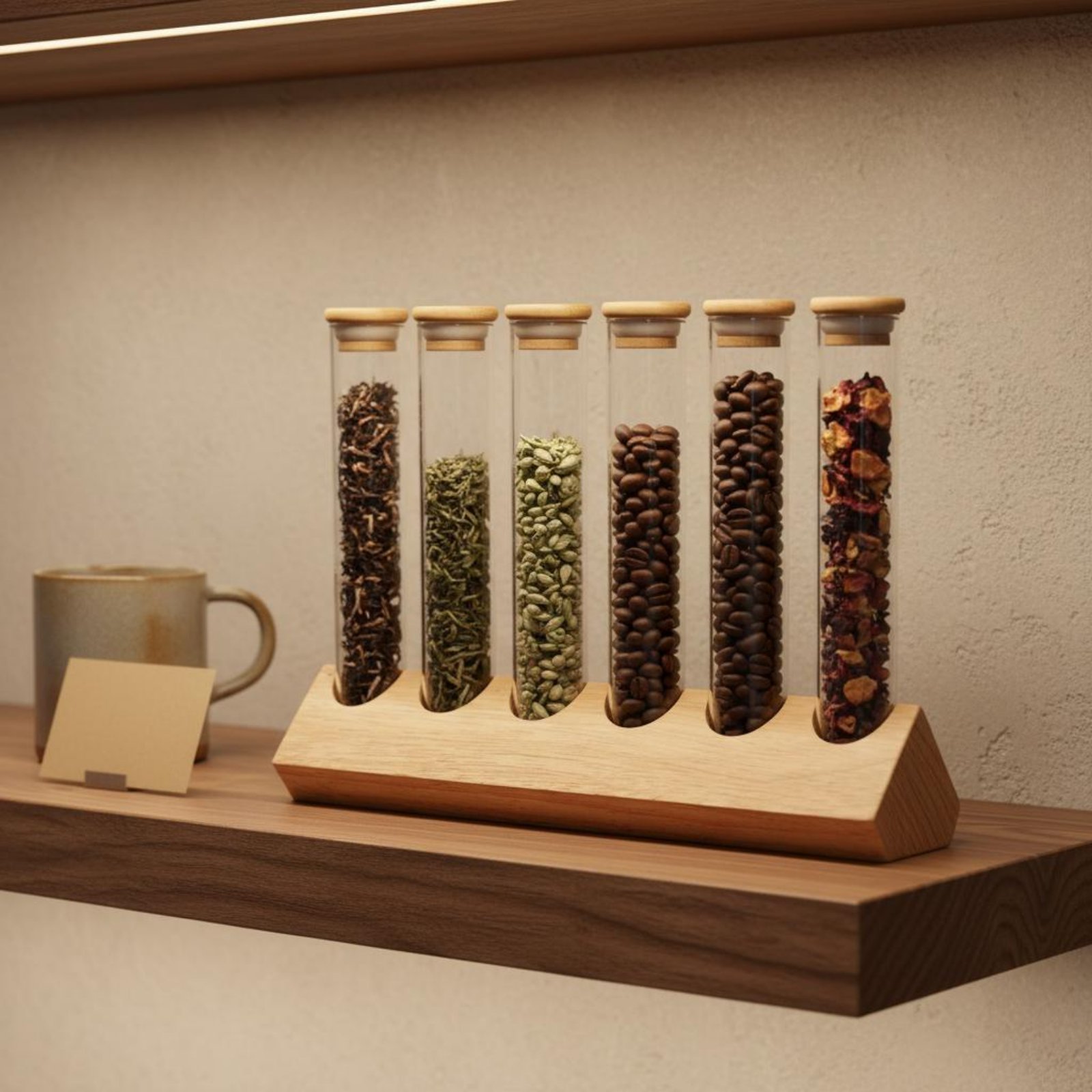 Glass Container Set - ガラス管容器セット 木製スタンド付き クリアビューデザイン ガラス管木製ラックセット コーヒー豆ディスプレイスタンド お手入れ簡単