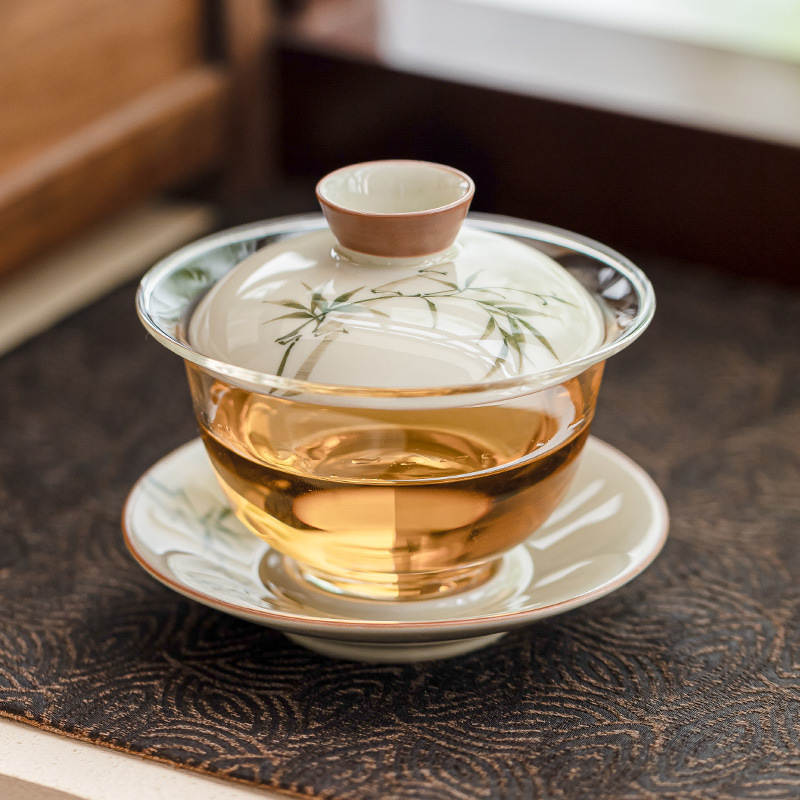 Glass Container Set - 手描きの竹製ガイワン、蓋付き磁器ティーポット、ガラス製茶器、カンフー茶道セット、茶碗、茶碗（150ml）