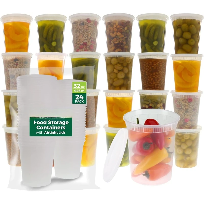 Meal Prep Containers - ふた付きプラスチックデリ容器、スライム、スープ、食事準備容器、電子レンジ食器洗い機、冷凍庫金庫、24セット、8オンス-32オンス