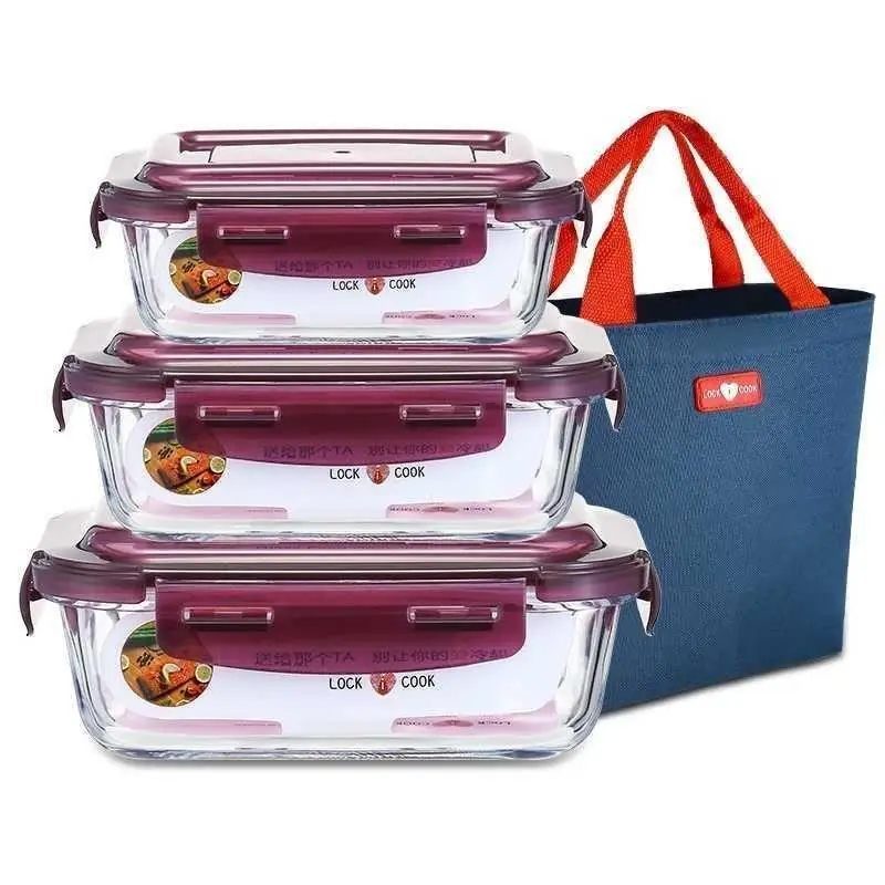 Glass Container Set - パイレックス電子レンジ対応ランチボックスクリスパーフルーツ収納ボウル透明ガラス多層式大人用携帯容器セット
