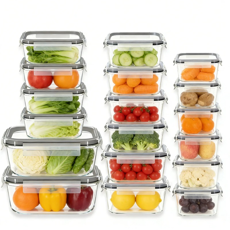 Meal Prep Kits - 18個入りガラス製食品保存容器セット、気密蓋付き、漏れ防止ガラス製ミールプレップ容器、積み重ね可能な食品保存ボックス、BPAフリー、ポータブル食品保存容器