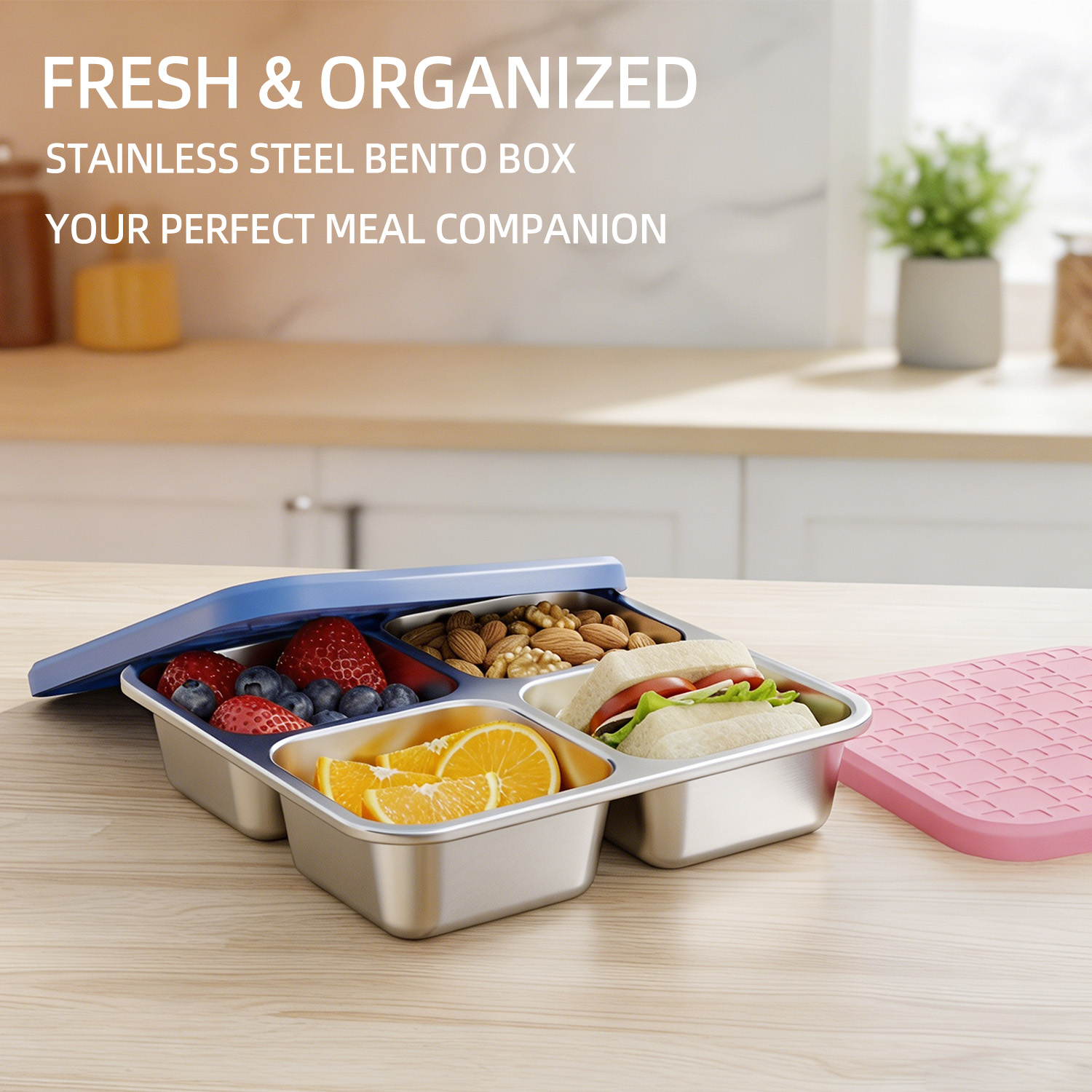 Meal Prep Containers - 304ステンレス製4区画ランチコンテナ、シリコン蓋付き漏れ防止弁当箱、食事の準備や学校の仕事に最適