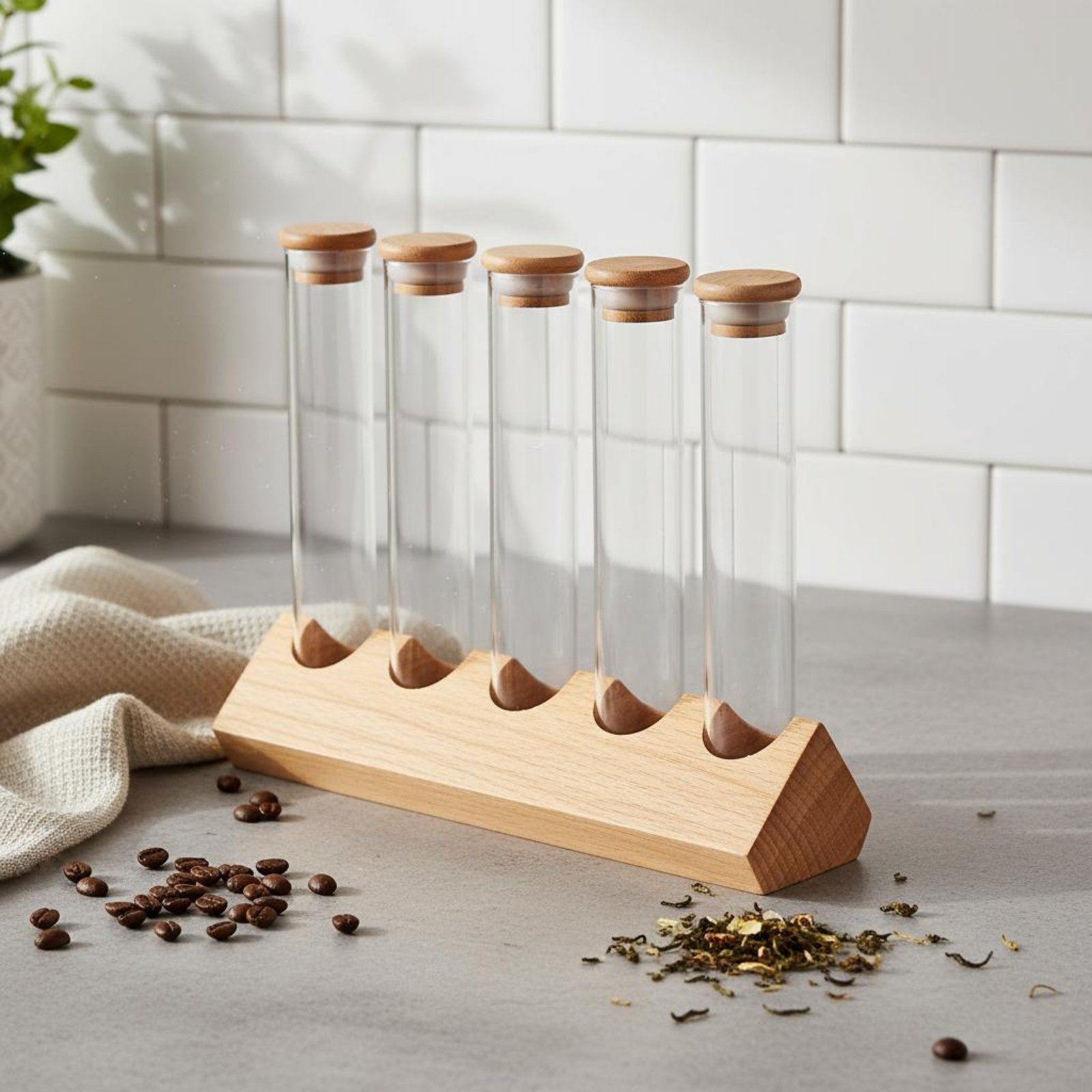 ガラス管容器セット 木製スタンド付き クリアビューデザイン  - Glass Container Set のレビューと価格