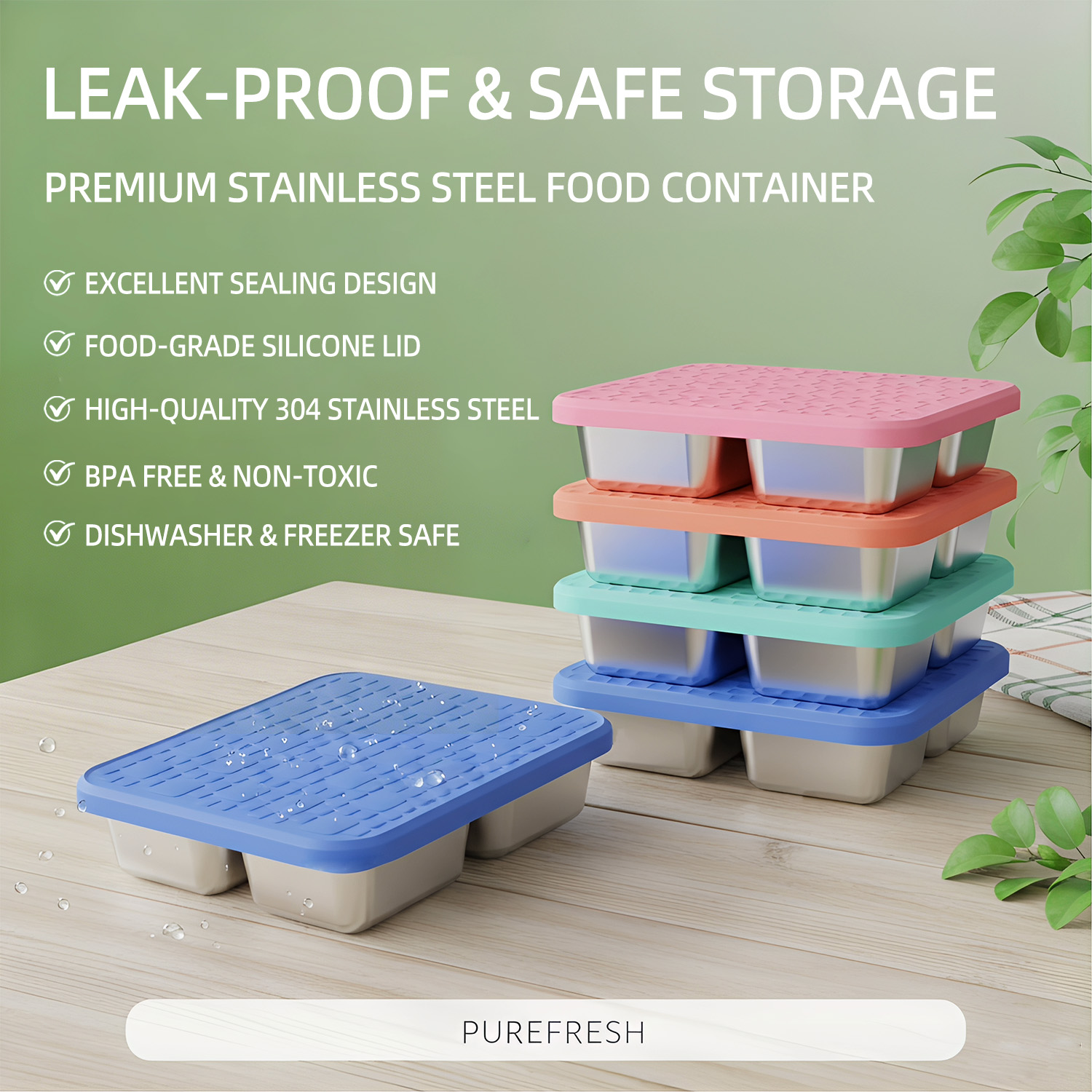 304ステンレス製4区画ランチコンテナ、シリコン蓋付き漏れ防 - Meal Prep Containers のレビューと価格