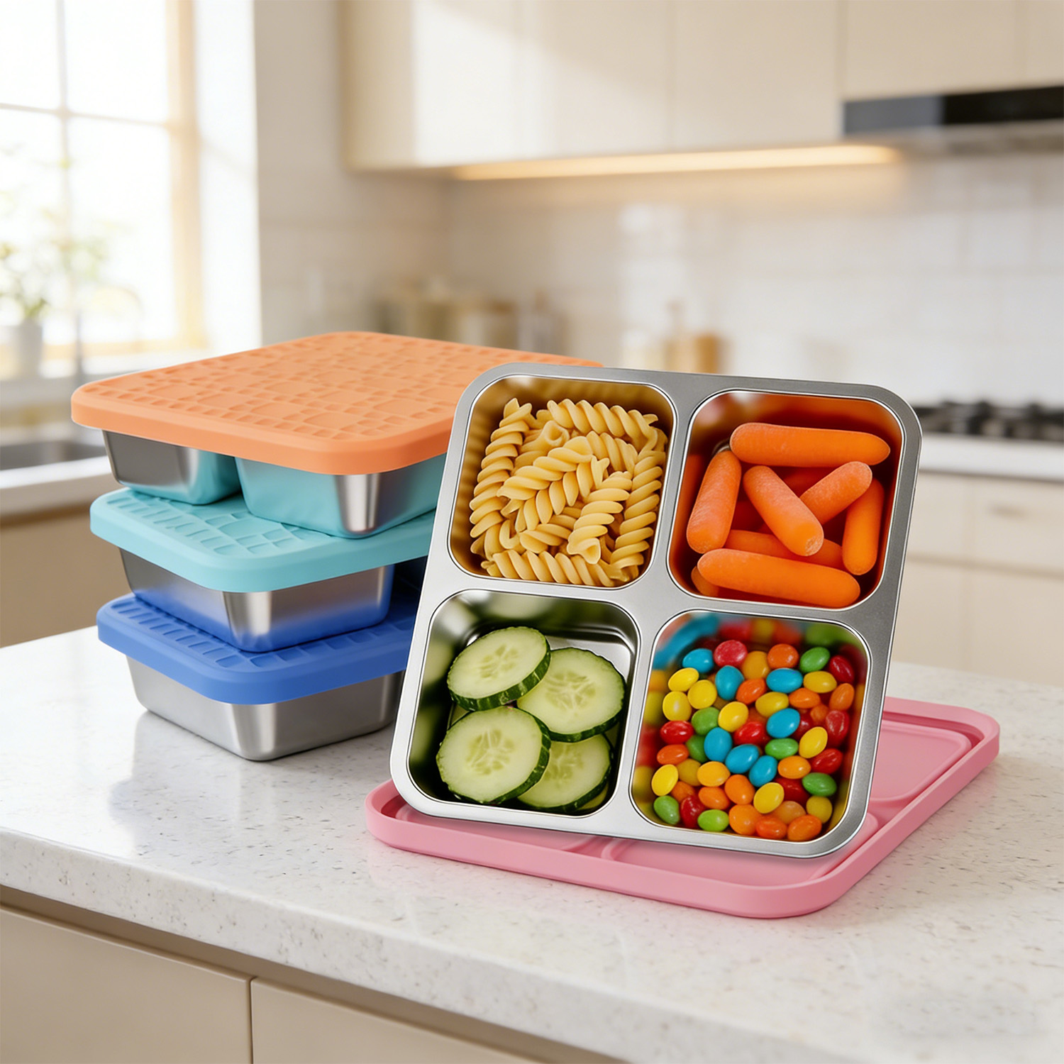 304ステンレス製4区画ランチコンテナ、シリコン蓋付き漏れ防 - Meal Prep Containers のレビューと価格